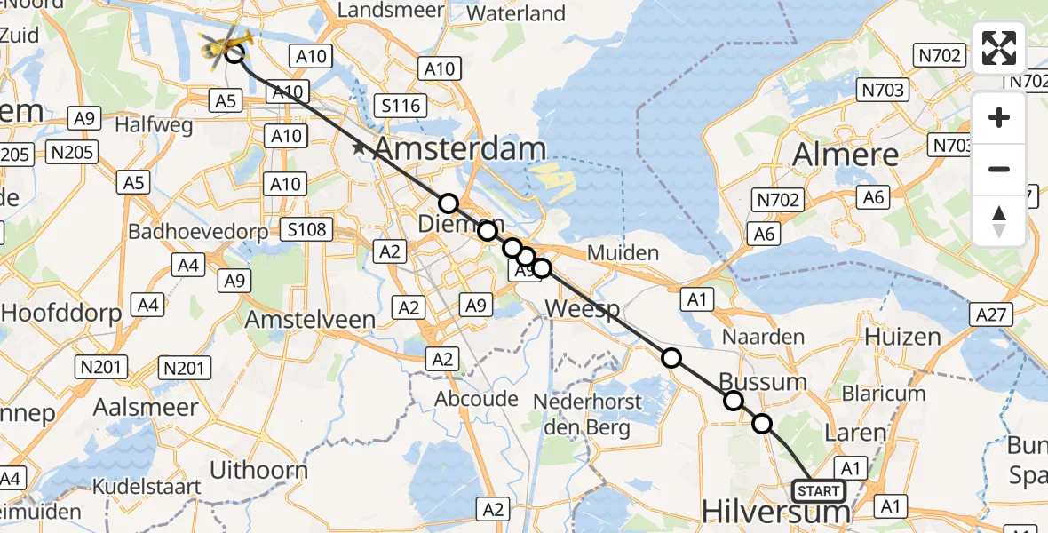 Vluchtroute Traumahelikopter Hilversum - Amsterdam Heliport, 10 oktober 2026, 18:32