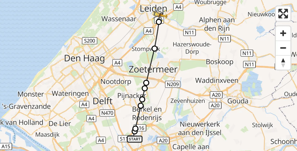 Vluchtroute Traumahelikopter Rotterdam The Hague Airport - Leiden, 10 oktober 2026, 18:37