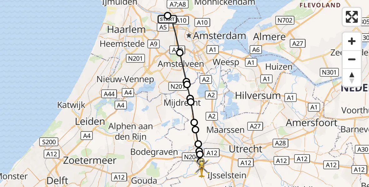 Vluchtroute Traumahelikopter Amsterdam Heliport - Montfoort, 10 oktober 2026, 20:43