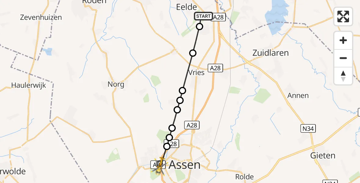 Vluchtroute Traumahelikopter Groningen Airport Eelde - Assen, 11 oktober 2026, 16:05