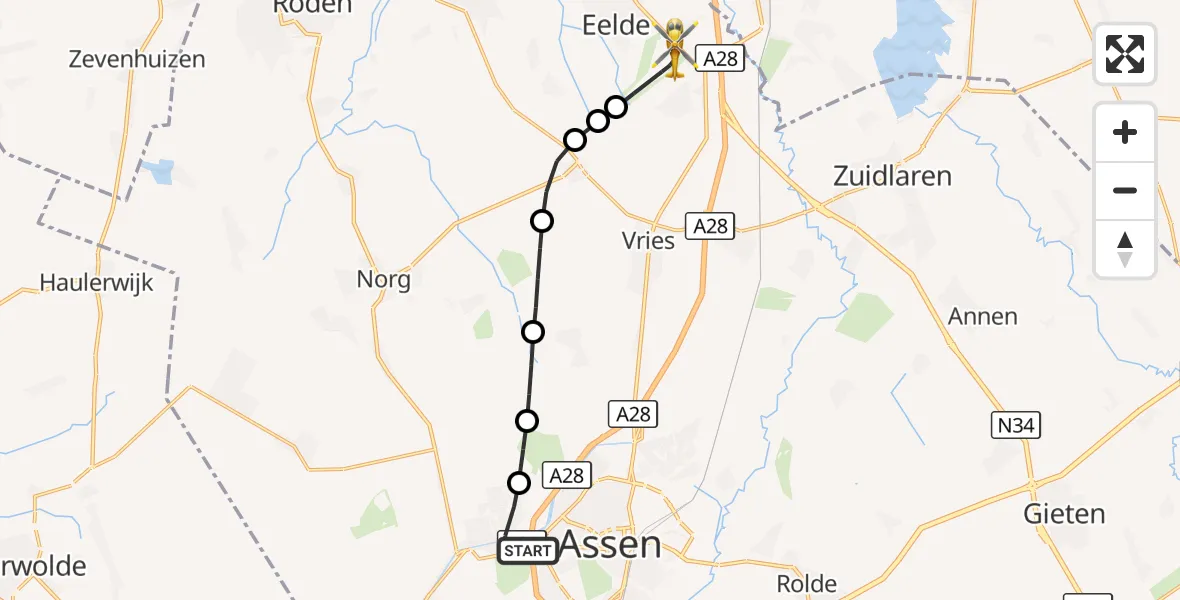 Vluchtroute Traumahelikopter Assen - Groningen Airport Eelde, 11 oktober 2026, 16:45