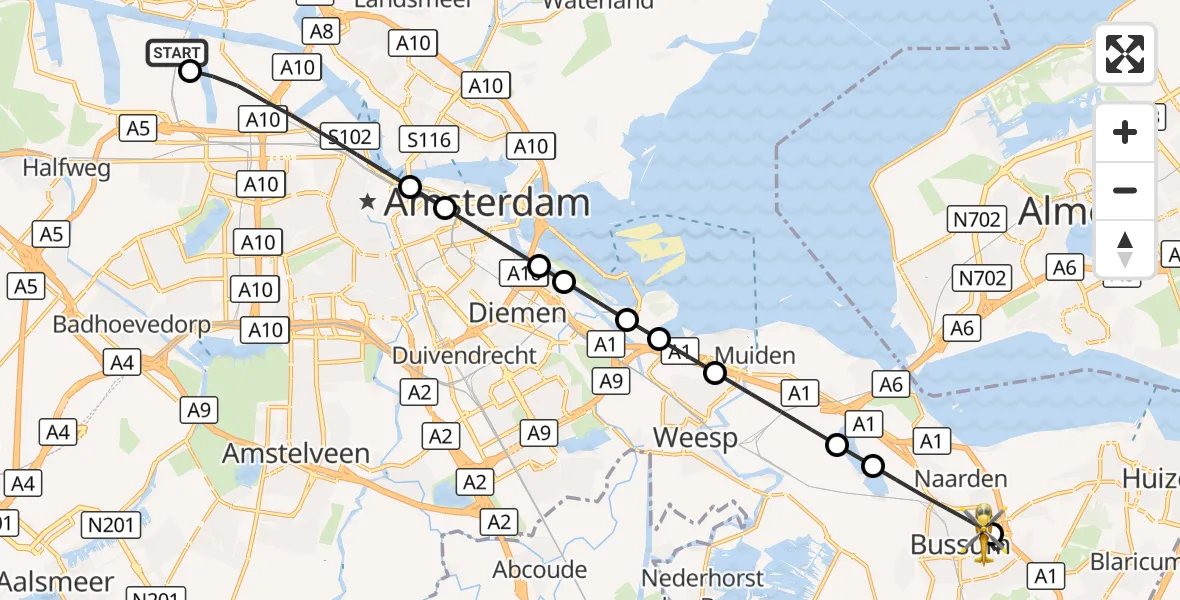 Vluchtroute Traumahelikopter Amsterdam Heliport - Bussum, 11 oktober 2026, 17:39
