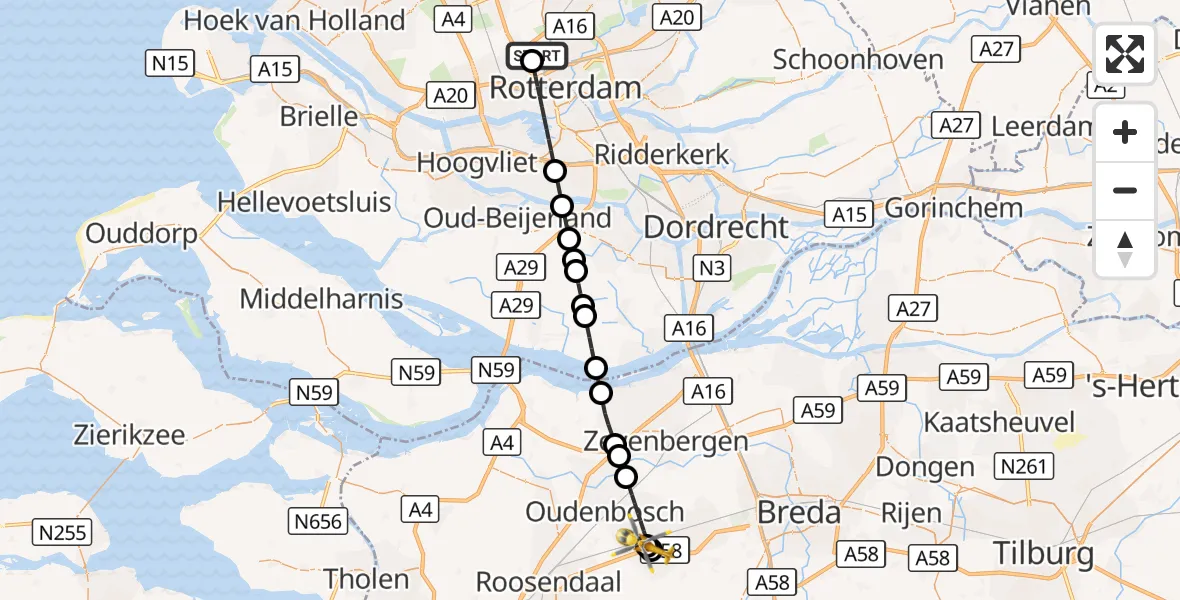Vluchtroute Traumahelikopter Rotterdam The Hague Airport - Hoeven, 11 oktober 2026, 19:11