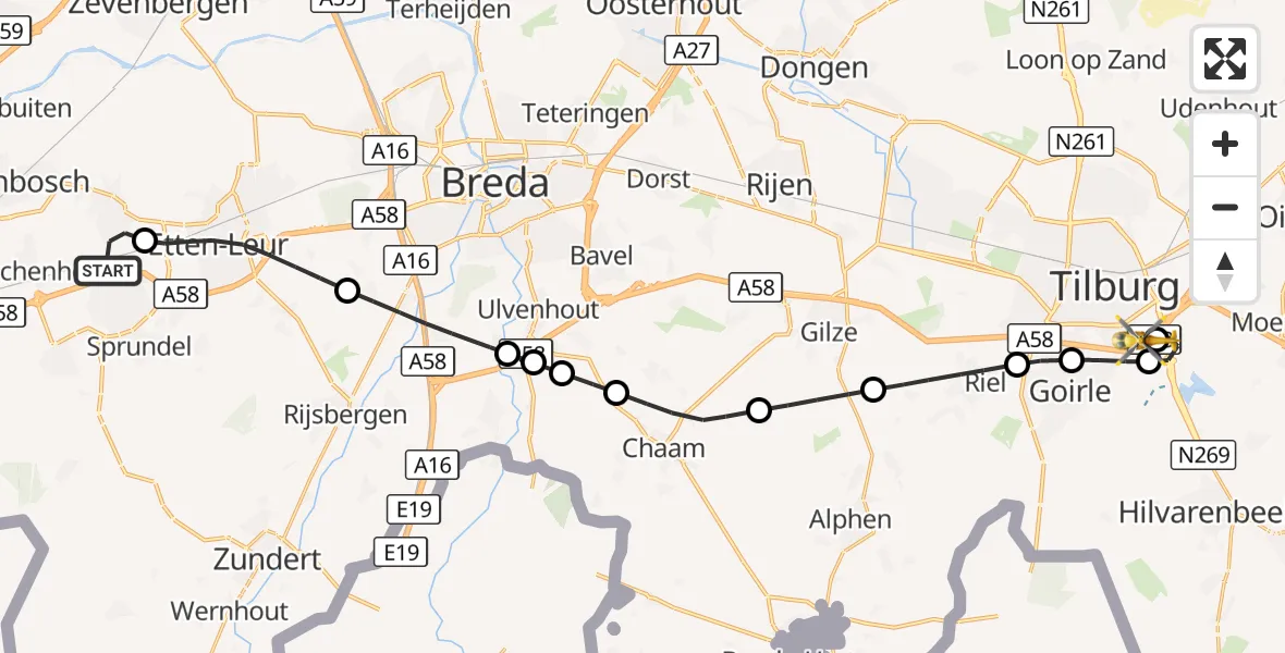 Vluchtroute Traumahelikopter Hoeven - St. Elisabeth Hospital Heliport, 11 oktober 2026, 19:58