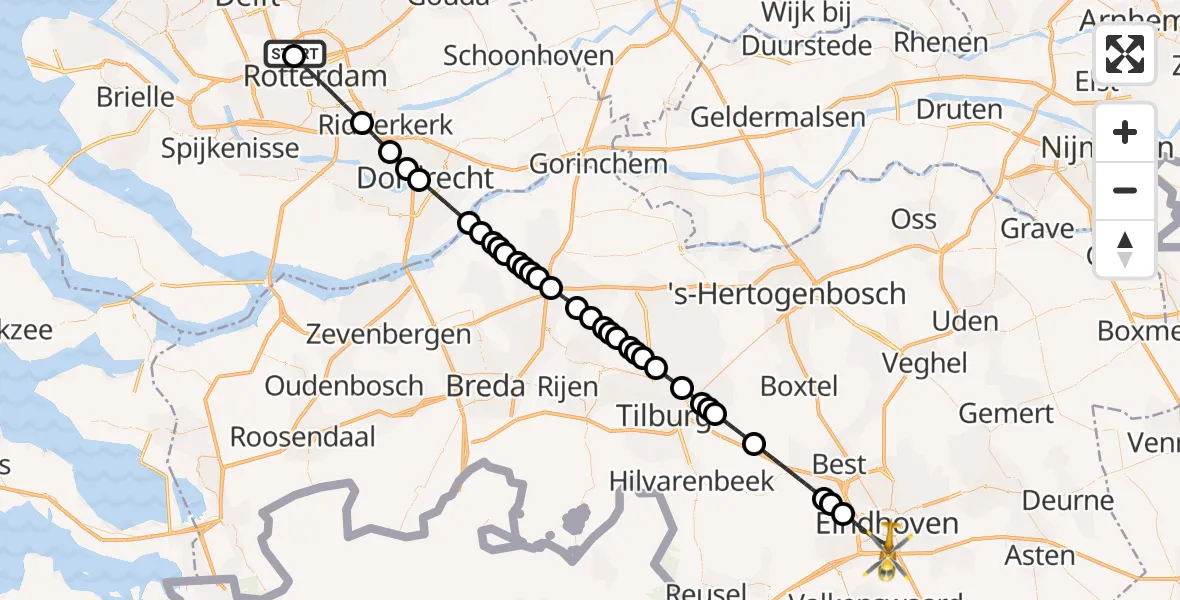 Vluchtroute Traumahelikopter Rotterdam The Hague Airport - Eindhoven, 12 oktober 2026, 06:38