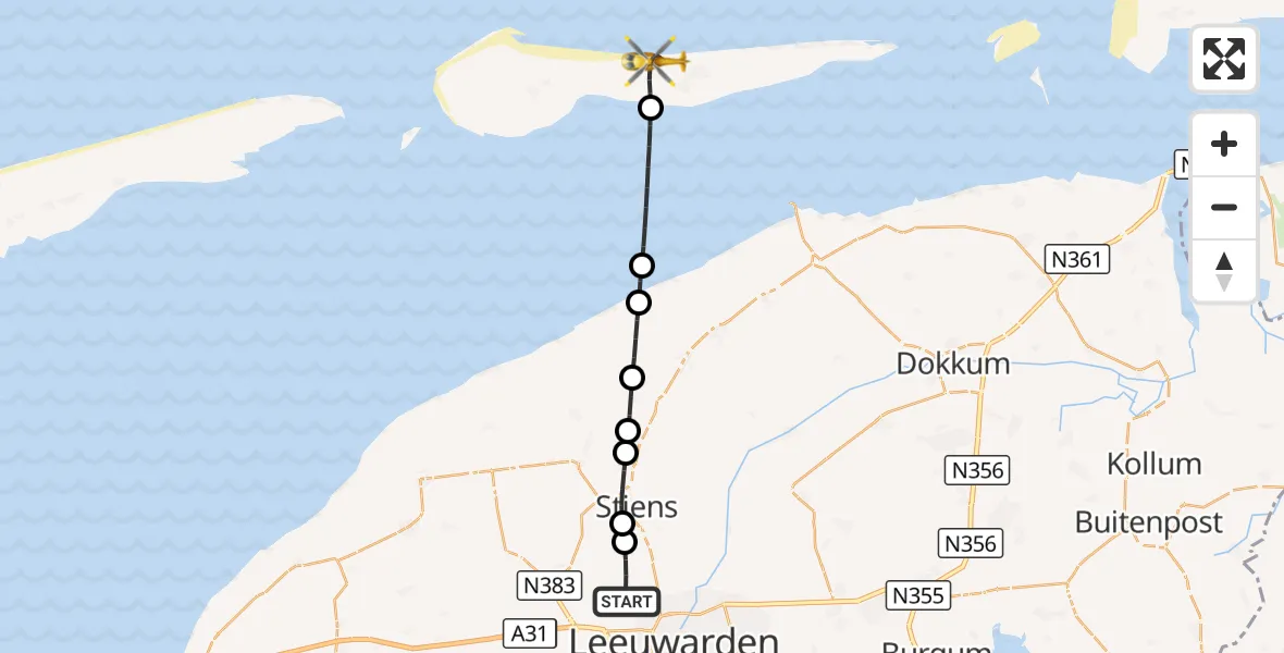 Vluchtroute Ambulancehelikopter Vliegbasis Leeuwarden - Nes, 12 oktober 2026, 06:55
