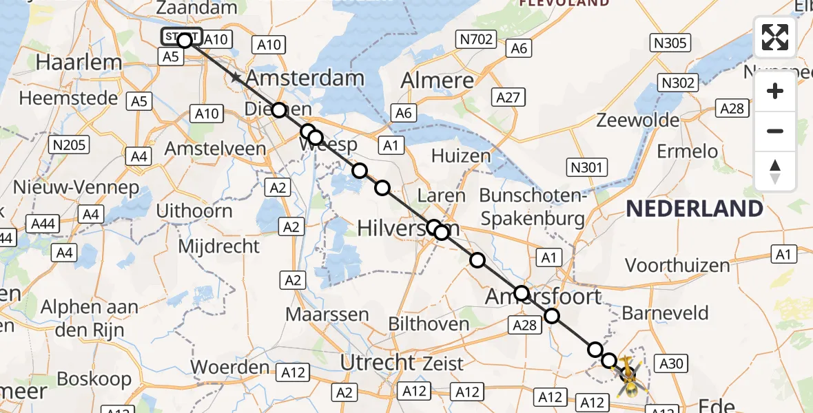 Vluchtroute Traumahelikopter Amsterdam Heliport - Renswoude, 12 oktober 2026, 07:29