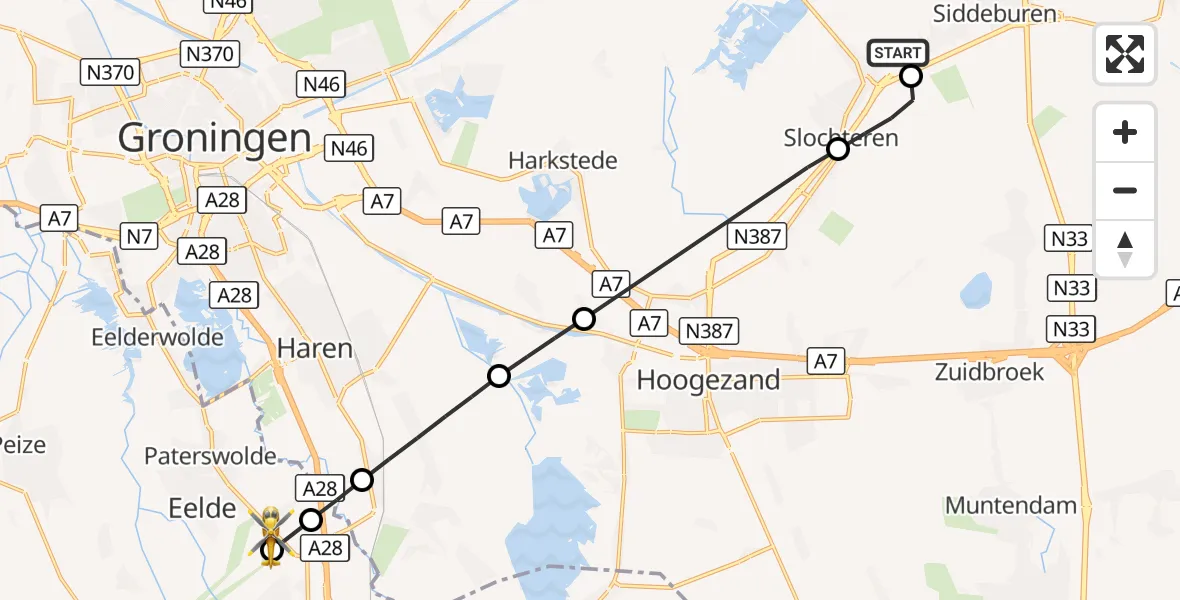 Vluchtroute Traumahelikopter Hellum - Groningen Airport Eelde, 12 oktober 2026, 11:31