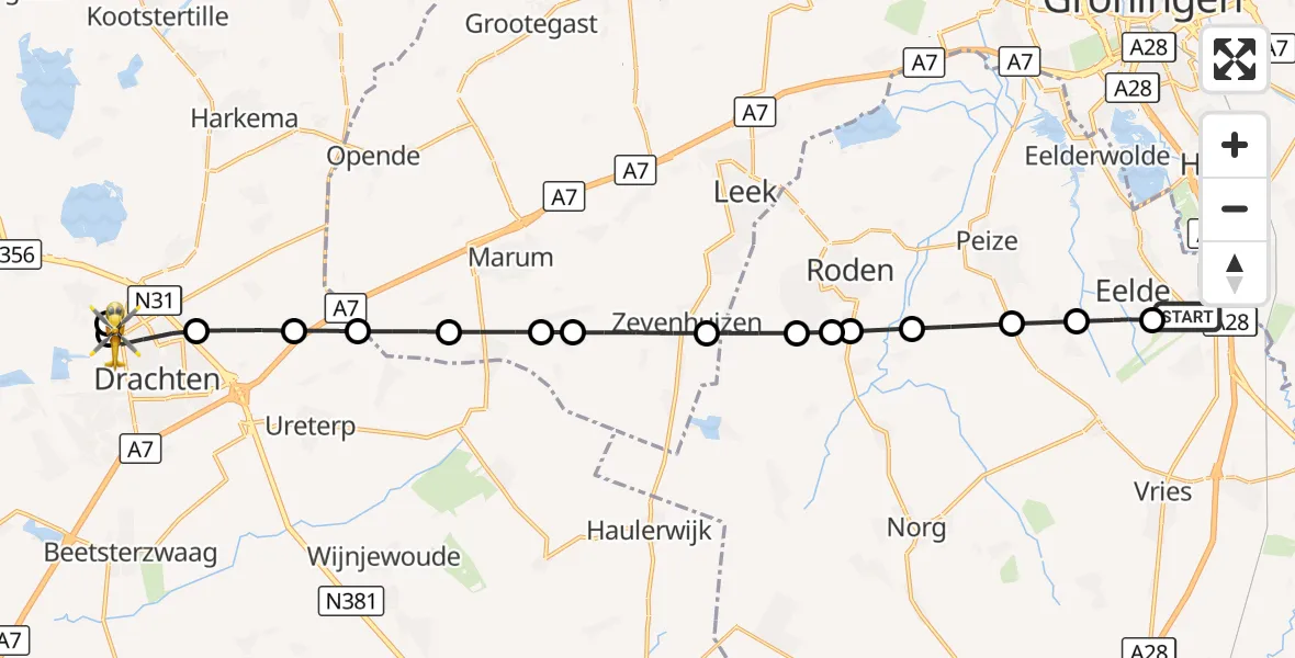 Vluchtroute Traumahelikopter Groningen Airport Eelde - Drachten, 12 oktober 2026, 16:58