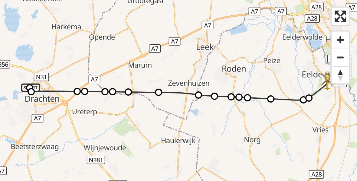 Vluchtroute Traumahelikopter Drachten - Groningen Airport Eelde, 12 oktober 2026, 18:02