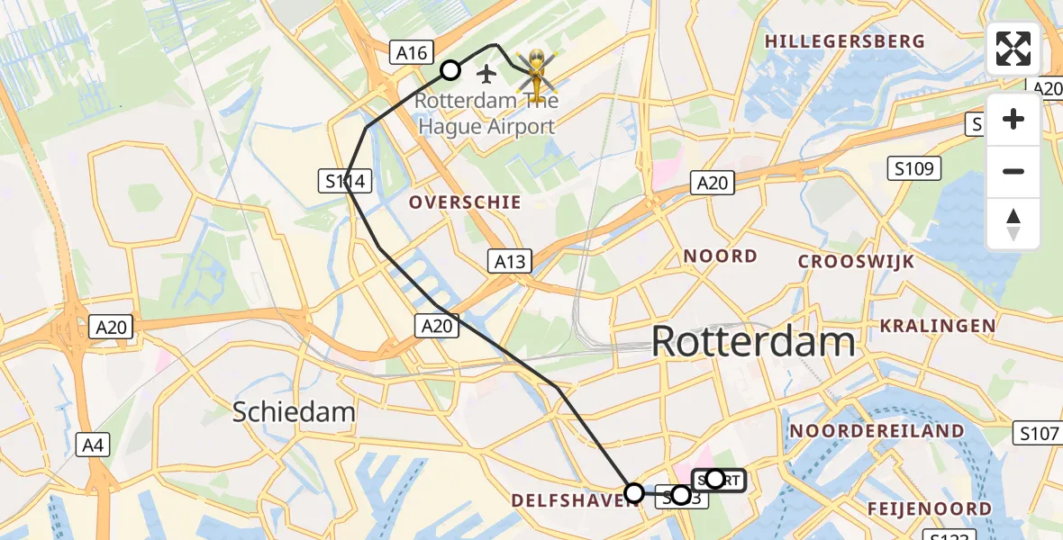 Vluchtroute Traumahelikopter Erasmus MC - Rotterdam The Hague Airport, 12 oktober 2026, 19:13