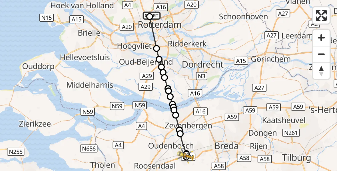 Vluchtroute Traumahelikopter Rotterdam The Hague Airport - Etten-Leur, 12 oktober 2026, 19:50