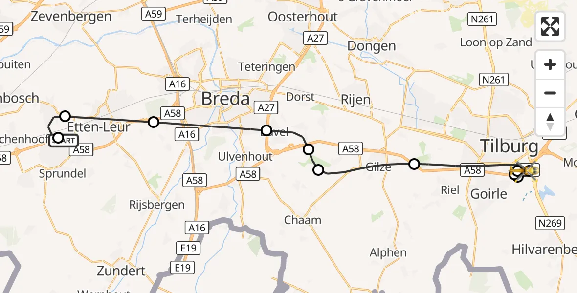 Vluchtroute Traumahelikopter Etten-Leur - St. Elisabeth Hospital Heliport, 12 oktober 2026, 20:28