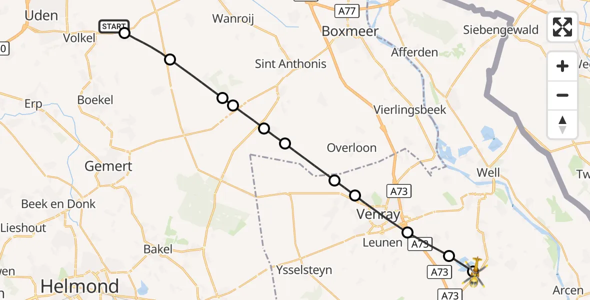 Vluchtroute Traumahelikopter Vliegbasis Volkel - Tienray, 13 oktober 2026, 00:03