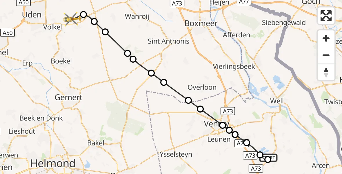 Vluchtroute Traumahelikopter Tienray - Vliegbasis Volkel, 13 oktober 2026, 00:30