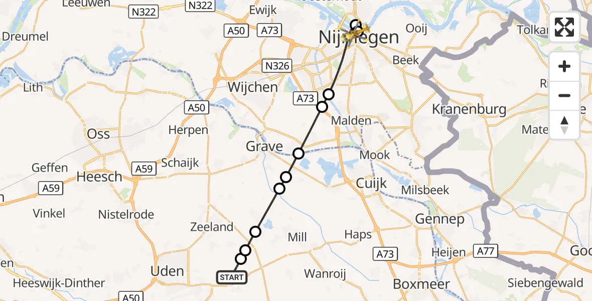 Vluchtroute Traumahelikopter Vliegbasis Volkel - Nijmegen, 13 oktober 2026, 03:44