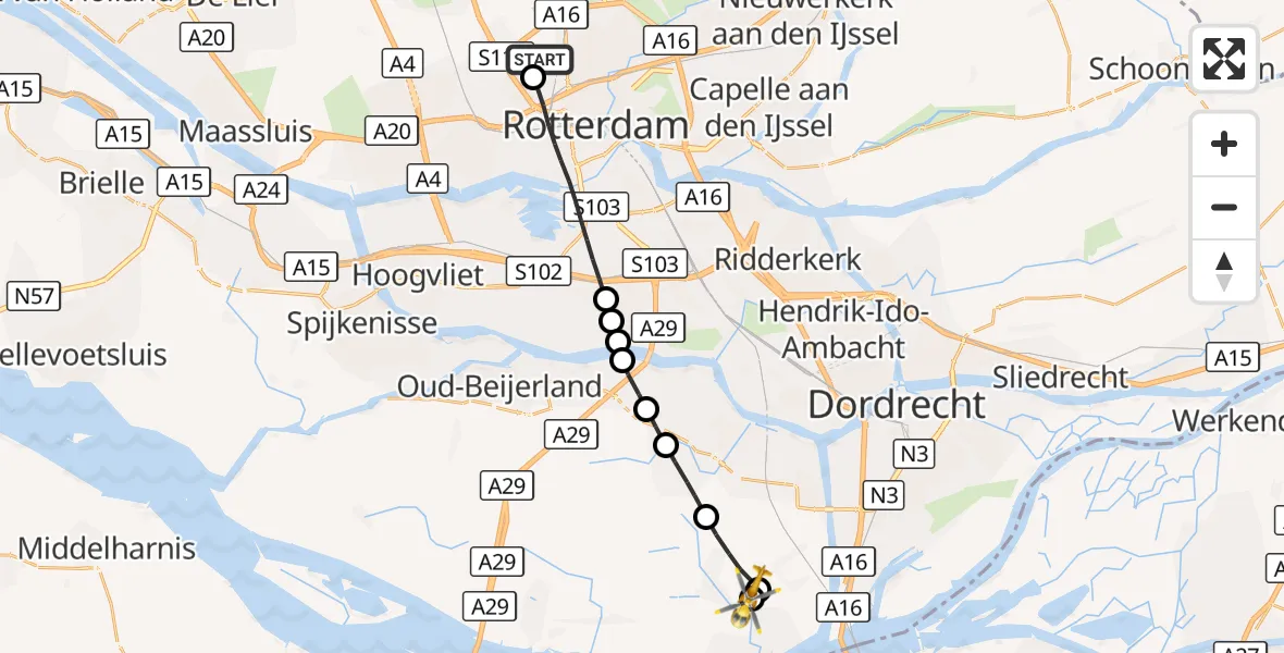 Vluchtroute Traumahelikopter Rotterdam The Hague Airport - Strijen, 13 oktober 2026, 10:49
