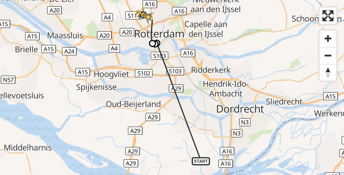 Vluchtroute Traumahelikopter Strijen - Rotterdam The Hague Airport, 13 oktober 2026, 12:10