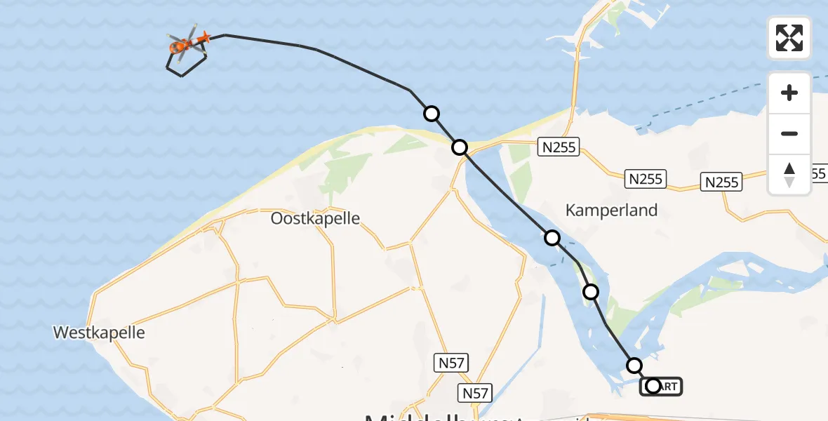 Vluchtroute Kustwachthelikopter Vliegveld Midden-Zeeland - Noordzee, 13 oktober 2026, 13:17