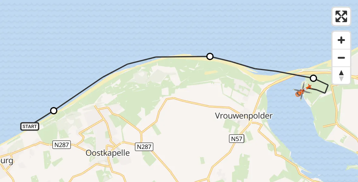 Vluchtroute Kustwachthelikopter Domburg - Kamperland, 13 oktober 2026, 14:52