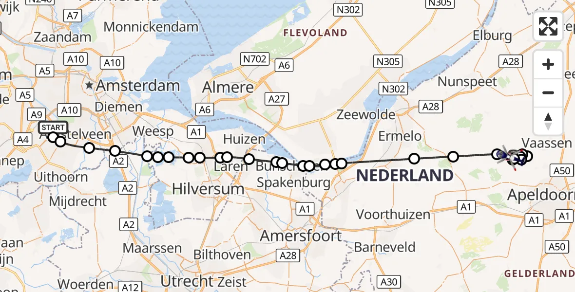 Vluchtroute Politiehelikopter Amsterdam Vliegveld Schiphol - Vaassen, 13 oktober 2026, 17:18