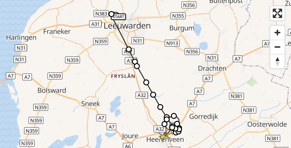 Vluchtroute Ambulancehelikopter Vliegbasis Leeuwarden - Heerenveen, 13 oktober 2026, 18:25