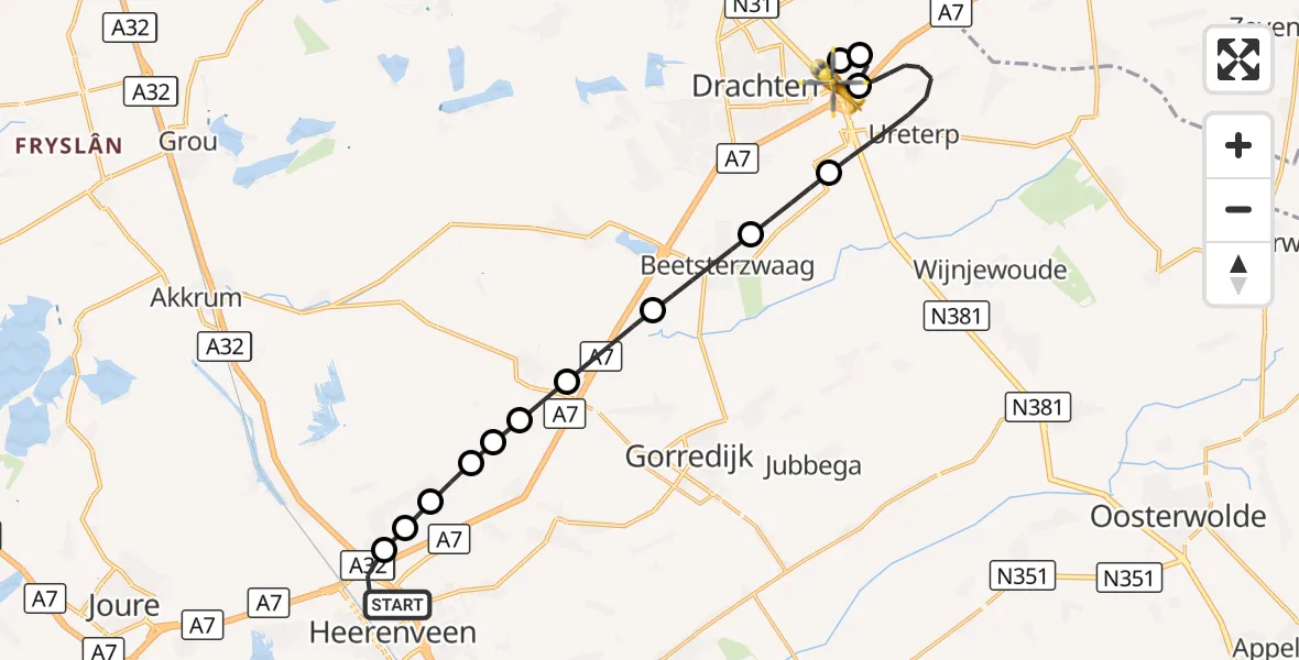 Vluchtroute Ambulancehelikopter Heerenveen - Drachten, 13 oktober 2026, 18:49