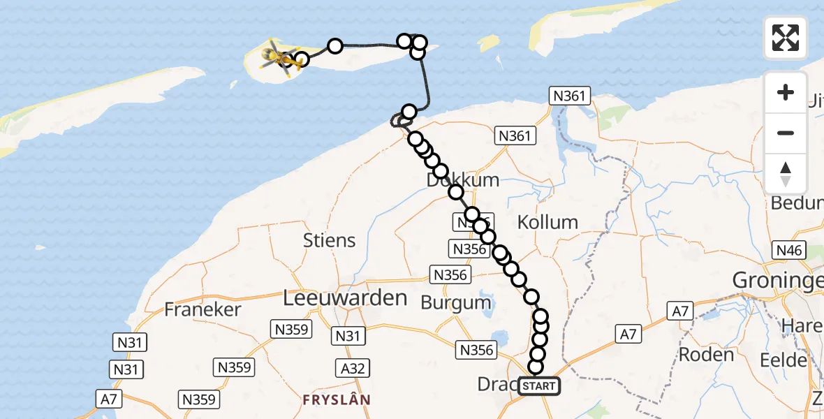 Vluchtroute Ambulancehelikopter Drachten - Ameland Vliegveld Ballum, 13 oktober 2026, 19:03