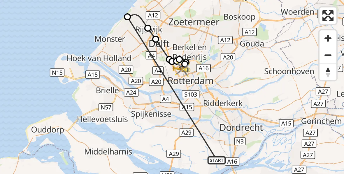 Vluchtroute Traumahelikopter Strijen - Rotterdam The Hague Airport, 13 oktober 2026, 19:05