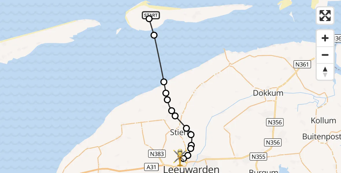 Vluchtroute Ambulancehelikopter Ameland Vliegveld Ballum - Vliegbasis Leeuwarden, 13 oktober 2026, 19:38