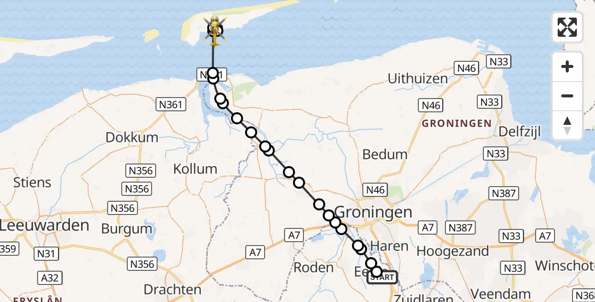 Vluchtroute Traumahelikopter Groningen Airport Eelde - Schiermonnikoog Heliport, 13 oktober 2026, 23:03