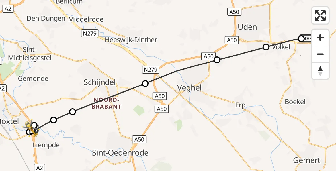 Vluchtroute Traumahelikopter Vliegbasis Volkel - Boxtel, 14 oktober 2026, 01:58