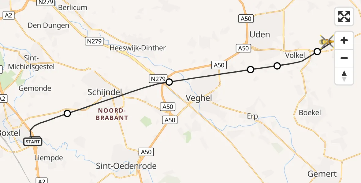 Vluchtroute Traumahelikopter Boxtel - Vliegbasis Volkel, 14 oktober 2026, 02:37