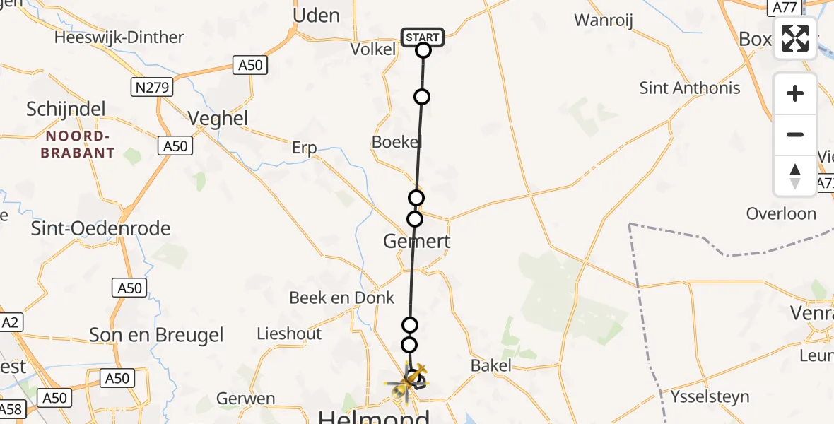 Vluchtroute Traumahelikopter Vliegbasis Volkel - Helmond, 14 oktober 2026, 03:10