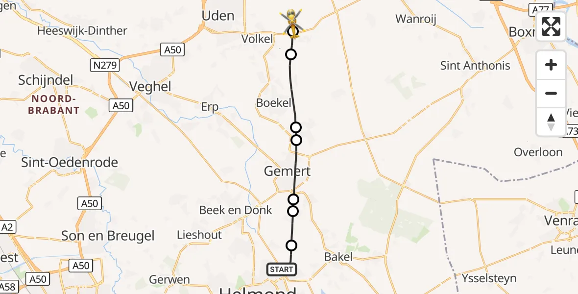Vluchtroute Traumahelikopter Helmond - Vliegbasis Volkel, 14 oktober 2026, 03:47