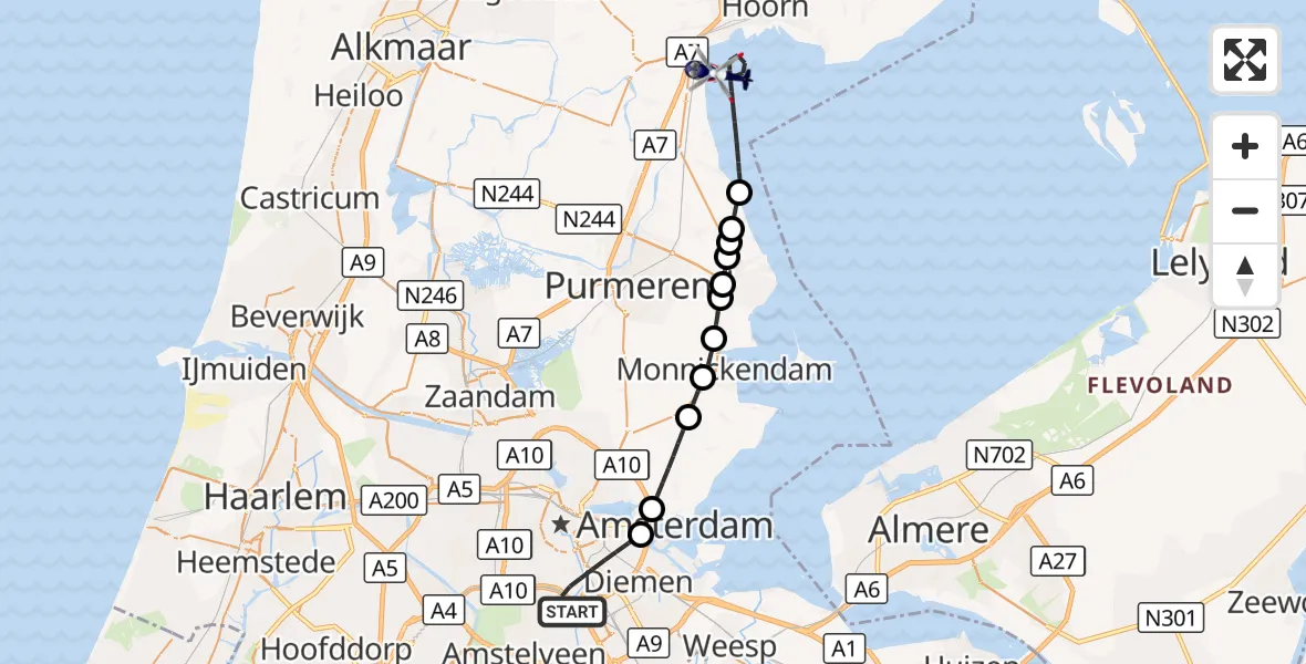 Vluchtroute Politiehelikopter Amsterdam - Markermeer, 14 oktober 2026, 08:50