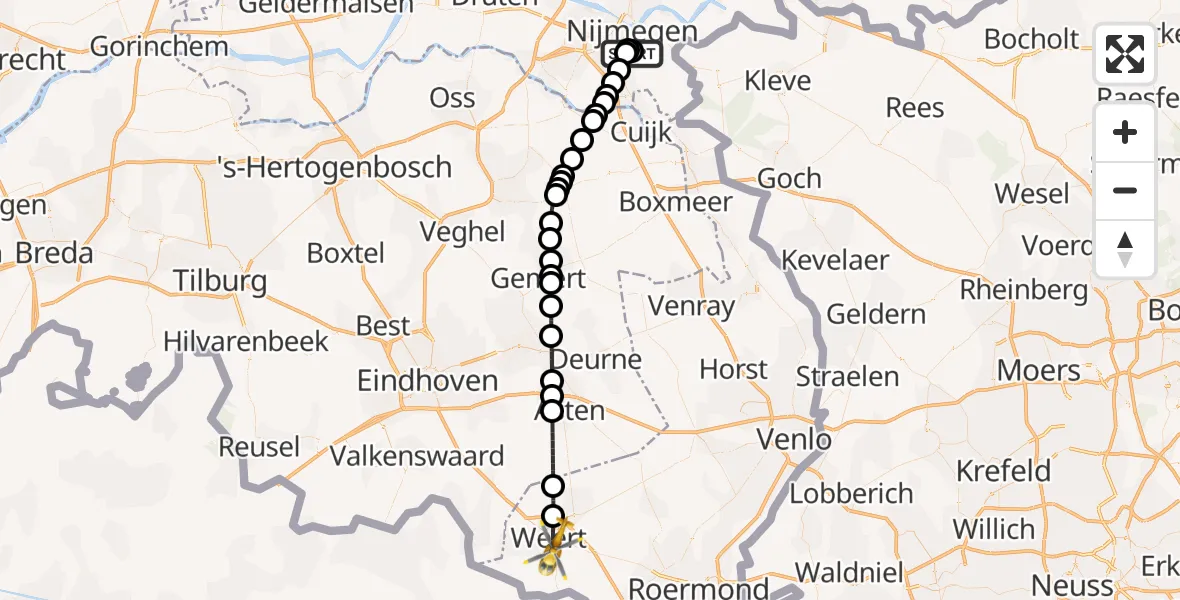 Vluchtroute Traumahelikopter Radboud Universitair Medisch Centrum - Weert, 14 oktober 2026, 09:51