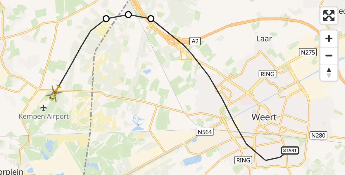 Vluchtroute Traumahelikopter Weert - Kempen Airport Budel, 14 oktober 2026, 10:31