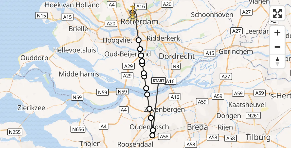 Vluchtroute Traumahelikopter Strijen - Rotterdam The Hague Airport, 14 oktober 2026, 10:58