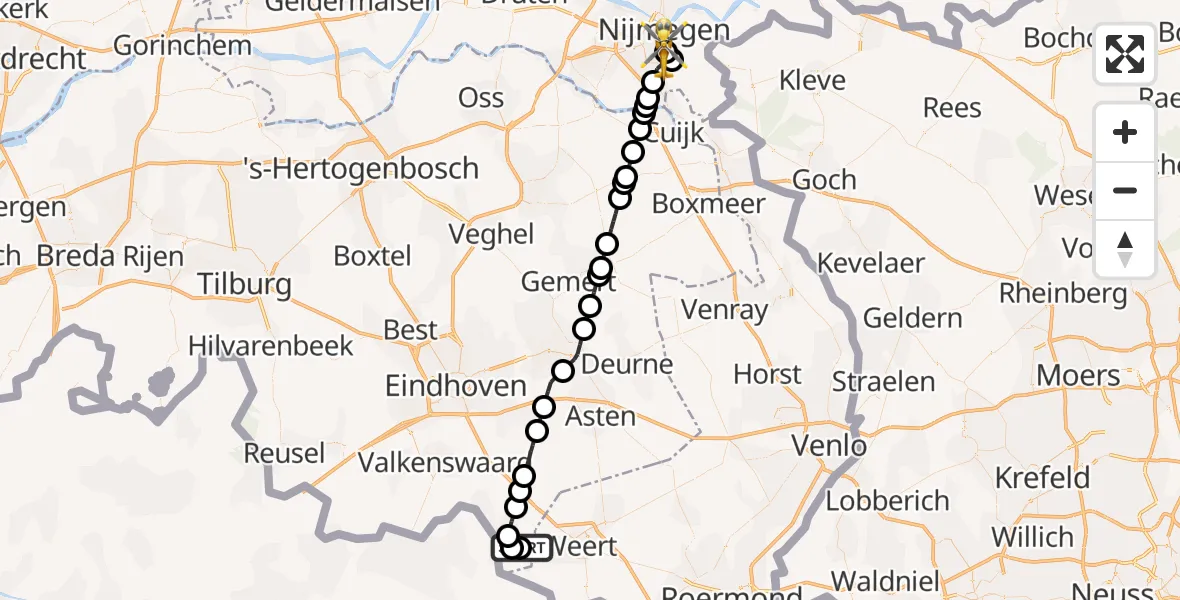 Vluchtroute Traumahelikopter Kempen Airport Budel - Radboud University Medical Center Heliport, 14 oktober 2026, 11:01