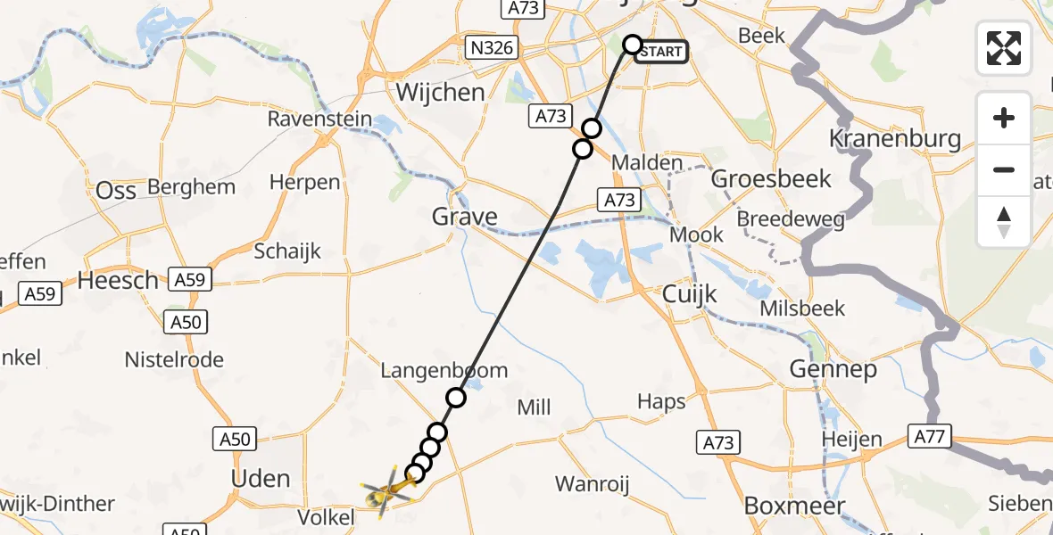 Vluchtroute Traumahelikopter Radboud Universitair Medisch Centrum - Vliegbasis Volkel, 14 oktober 2026, 11:36