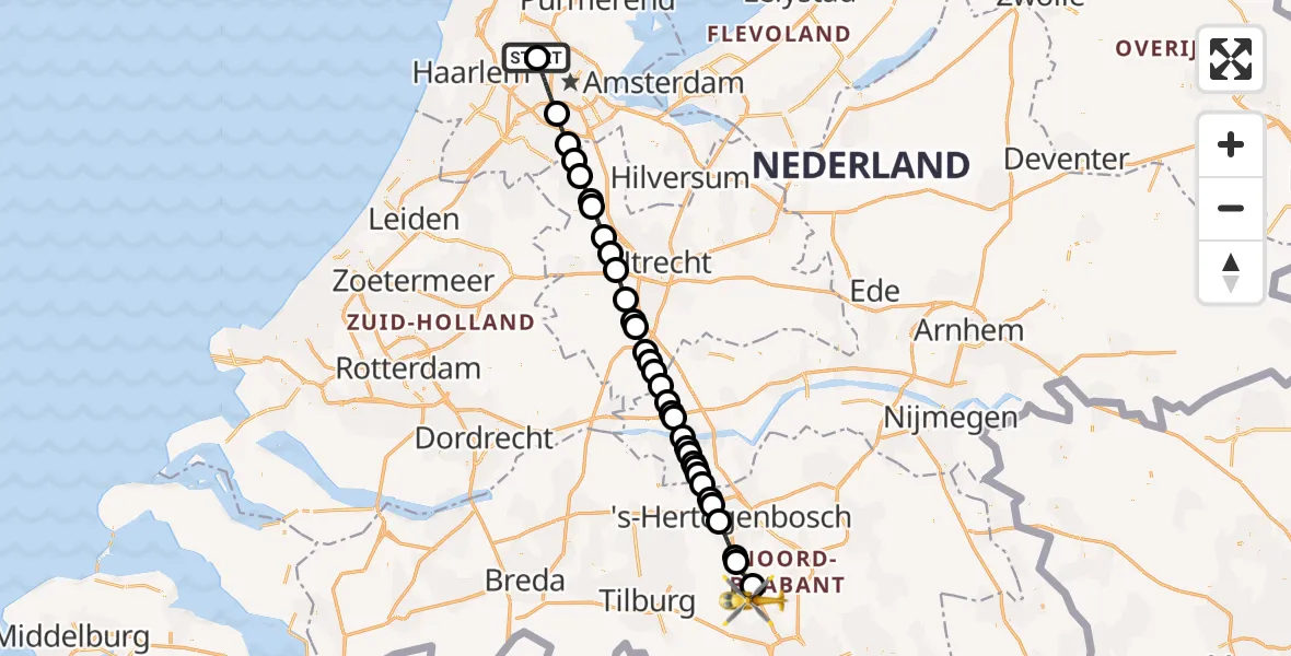 Vluchtroute Traumahelikopter Amsterdam Heliport - Liempde, 14 oktober 2026, 13:29