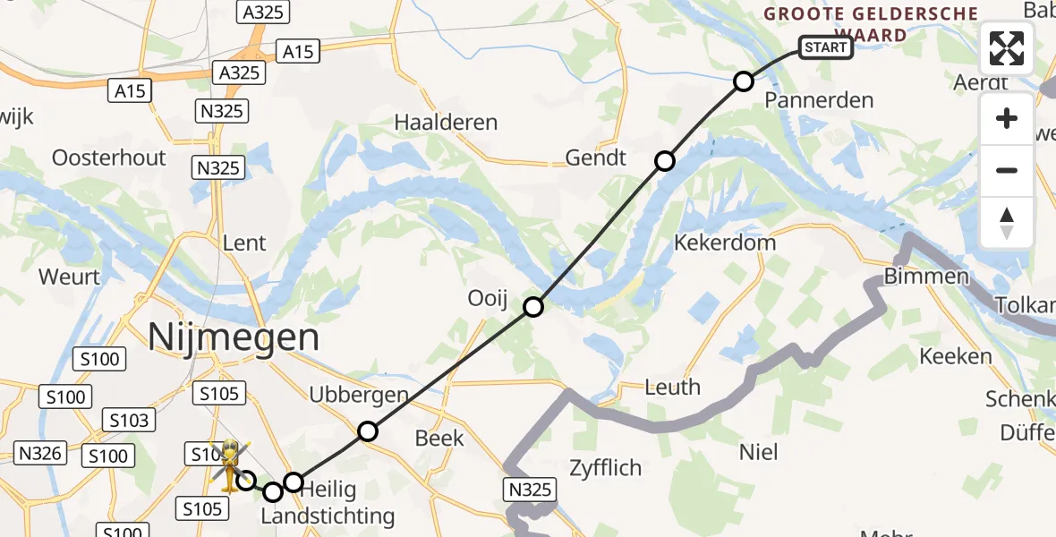 Vluchtroute Traumahelikopter Pannerden - Radboud University Medical Center Heliport, 14 oktober 2026, 13:37