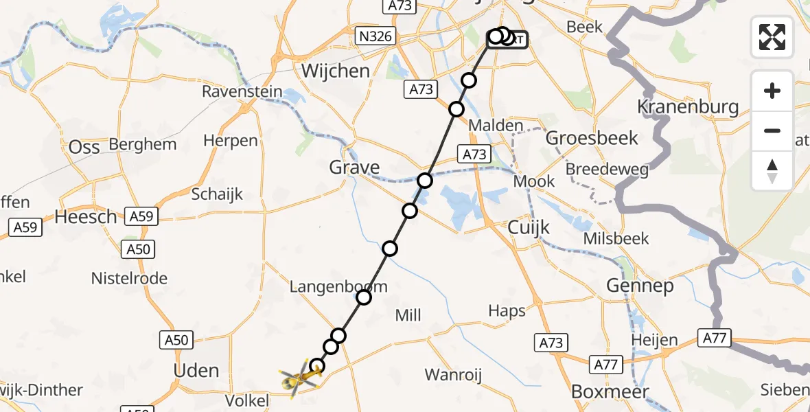 Vluchtroute Traumahelikopter Radboud Universitair Medisch Centrum - Vliegbasis Volkel, 14 oktober 2026, 14:16