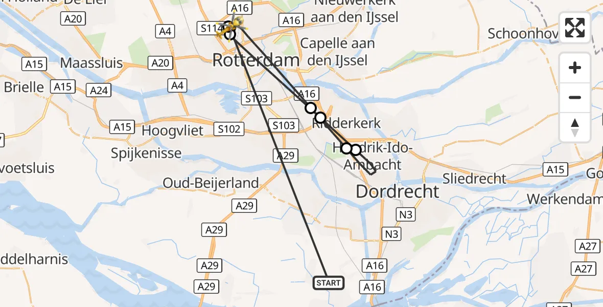 Vluchtroute Traumahelikopter Strijen - Rotterdam The Hague Airport, 14 oktober 2026, 14:23