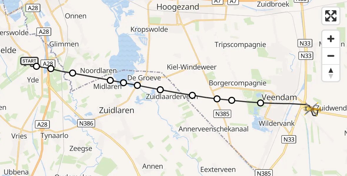 Vluchtroute Traumahelikopter Groningen Airport Eelde - Veendam, 14 oktober 2026, 16:57