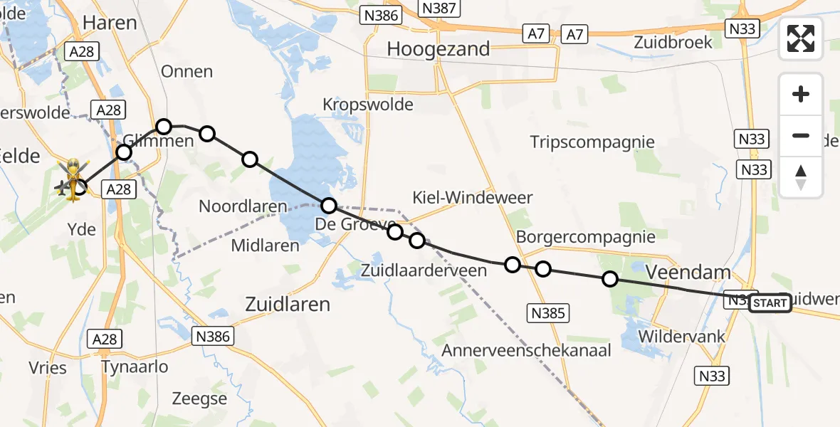Vluchtroute Traumahelikopter Veendam - Groningen Airport Eelde, 14 oktober 2026, 17:30