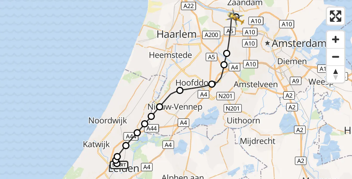Vluchtroute Traumahelikopter Leids Universitair Medisch Centrum (LUMC) - Amsterdam Heliport, 14 oktober 2026, 18:33