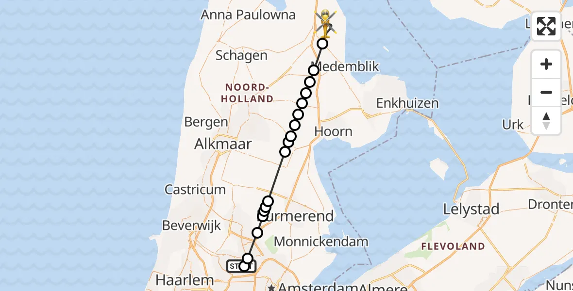 Vluchtroute Traumahelikopter Amsterdam Heliport - Wieringerwerf, 14 oktober 2026, 18:46