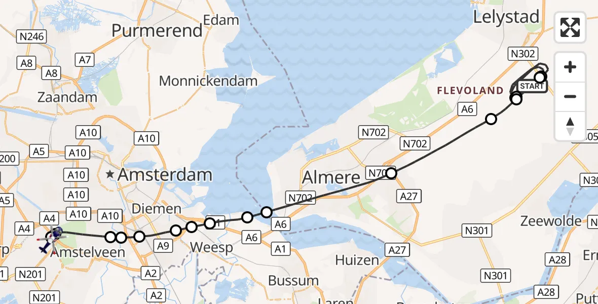 Vluchtroute Politiehelikopter Lelystad Airport - Amsterdam Vliegveld Schiphol, 14 oktober 2026, 19:16